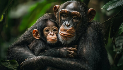 Naklejka premium A tender moment between a mother chimpanzee and her baby, showcasing their bond in a lush, green environment.