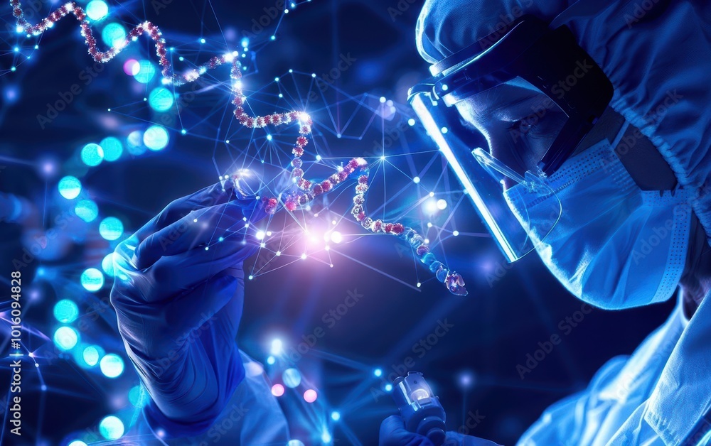 Poster scientist analyzing dna strands in a high-tech lab environment.