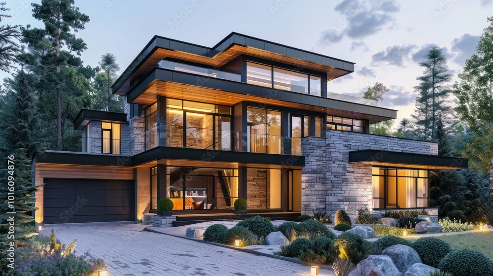 Poster Modern House with Stone Facade and Large Windows in a Wooded Setting