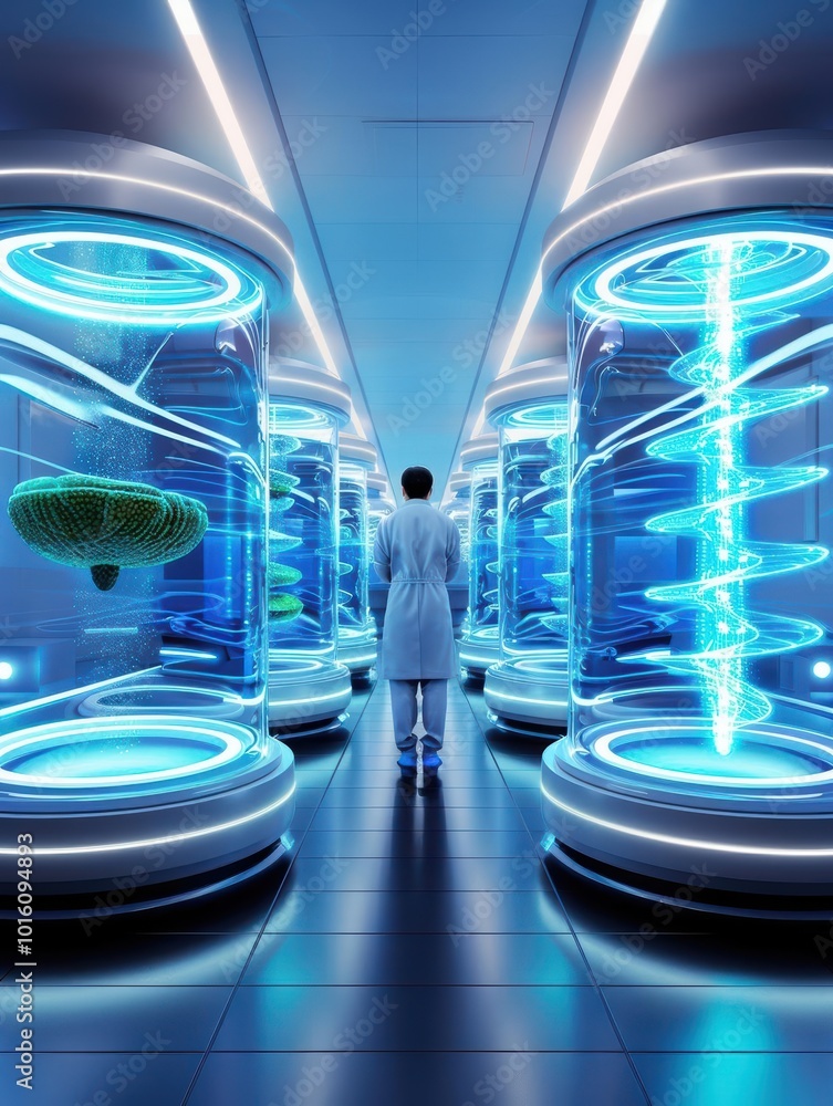 Aufkleber scientist exploring advanced technology in a futuristic laboratory with glowing specimens.