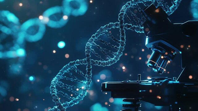 Science, Technology, Engineering, and Medicine (STEM) Day. Microscope with a double helix and DNA in a futuristic laboratory. Medical research concept. Microscope and DNA double helix. Biology lab. 