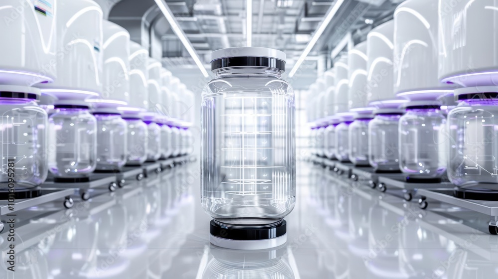 Poster transparent jar in a sterile, modern laboratory environment with uniform containers in the backgroun