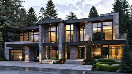 Fototapeta premium Modern Stone and Glass House with Garage and Landscaping