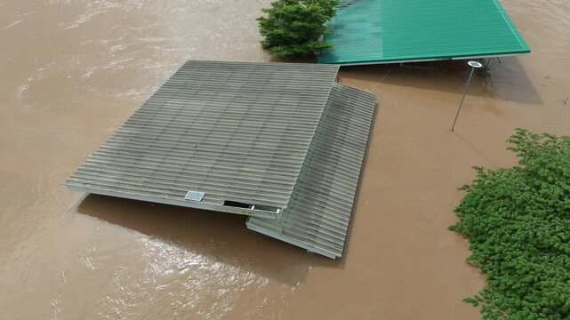 Aerial view of a flood in Southeast asian due to heavy rains and La Nina phenomenon