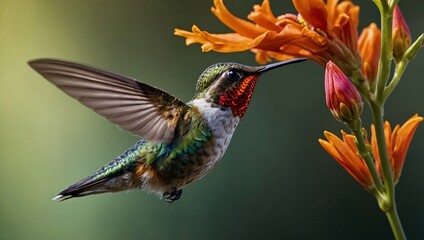 Obraz premium A vibrant hummingbird hovering near a bright orange flower, showcasing its colorful feathers and intricate details, in a beautiful natural setting with soft lighting