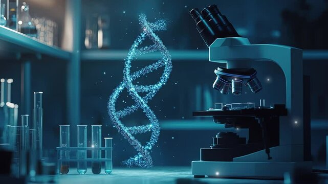 Science, Technology, Engineering, and Medicine (STEM) Day. Microscope with a double helix and DNA in a futuristic laboratory. Medical research concept. Microscope and DNA double helix. Biology lab. 