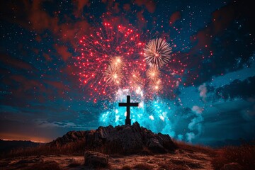 Fototapeta premium Holiday Fireworks Festival with Christian Cross Silhouette on Mountain at Night Celebrating Christmas and New Year Holy Event