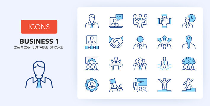 Line icons about business people and corporate management. Contains such icons as leader, handshake, teamwork and more. 256x256 Pixel Perfect editable in two colors. Set 1 of 2