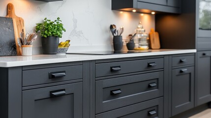 Modern Black Kitchen with Sleek Cabinets and Minimalist Design Featuring Fresh Herbs and Contemporary Appliances