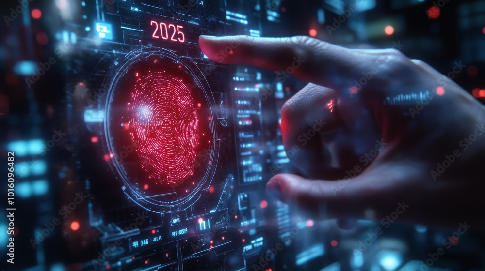 Poster biometric scanning technology displays fingerprint patterns in a futuristic setting