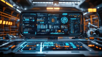 Obraz premium Futuristic Control Room with High-Tech Digital Interfaces and Advanced Data Displays in a Sci-Fi Environment