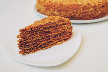Slice of delicious homemade Medovik or Russian Honey Cake on white background. Layer sponge cake with baked condensed milk covered with crumbs. Popular dessert in countries of the former Soviet Union.