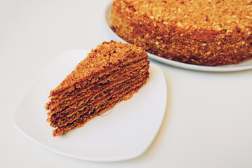 Slice of delicious homemade Medovik or Russian Honey Cake on white background. Layer sponge cake with baked condensed milk covered with crumbs. Popular dessert in countries of the former Soviet Union.
