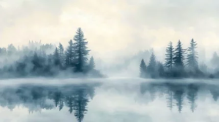 A serene, foggy scene of a pine forest reflected on a still lake, evoking tranquility and mystery in a peaceful natural setting