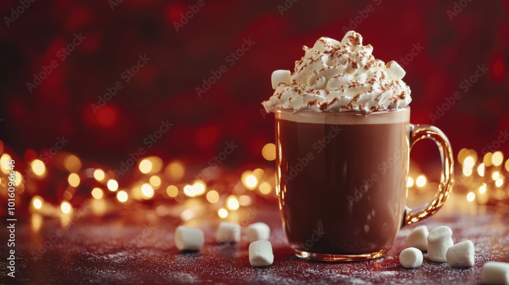Aufkleber hot chocolate with whipped cream and marshmallows, placed on a mint table with a deep ruby backdrop 