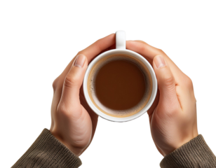 Hands holding a white coffee mug with steaming coffee on a white isolated background.