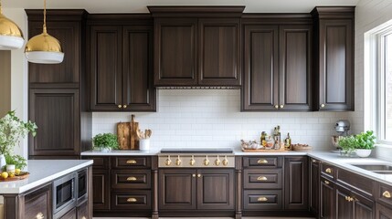 Elegant Modern Kitchen with Dark Wood Cabinets and Gold Accents in a Bright, Sunlit Space
