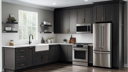 Modern Kitchen Interior with Dark Cabinets and Stainless Steel Appliances in Contemporary Home Design