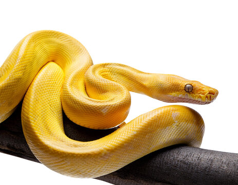 A vibrant yellow snake coiled on a branch against a white isolated background.