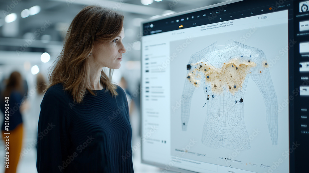 Poster woman examines interactive digital design mockup on large screen, showcasing 3d wireframe model. env