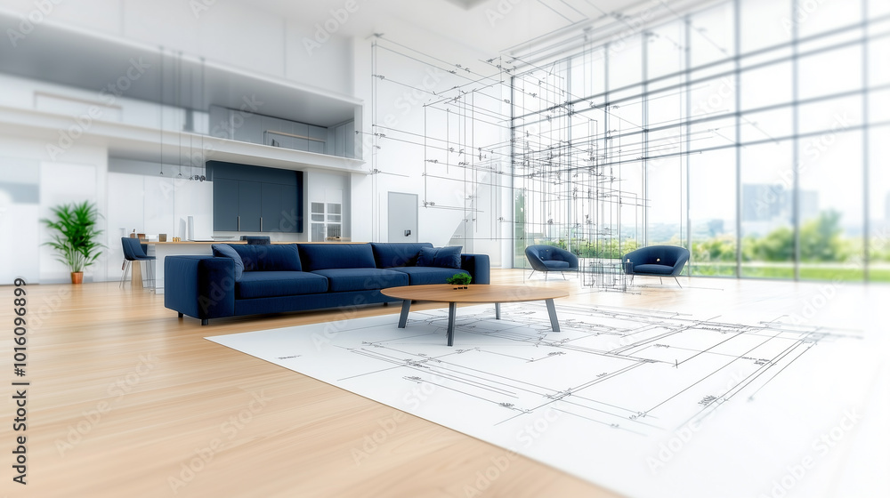 Poster modern interior design featuring spacious living room with large windows, blue sofa, and round coffe