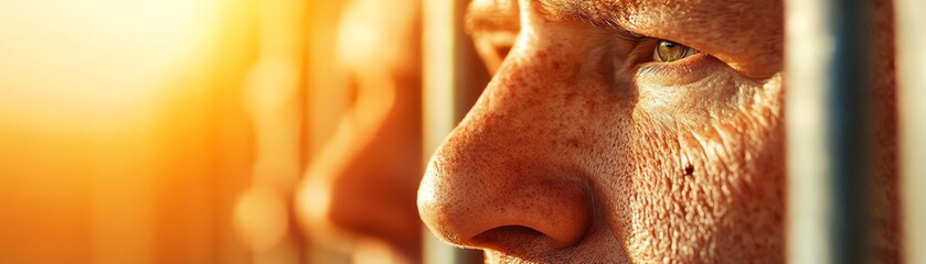 Fototapeta premium A close-up of a man's face showing emotion as he gazes through metal bars in warm sunlight, symbolizing confinement and reflection.