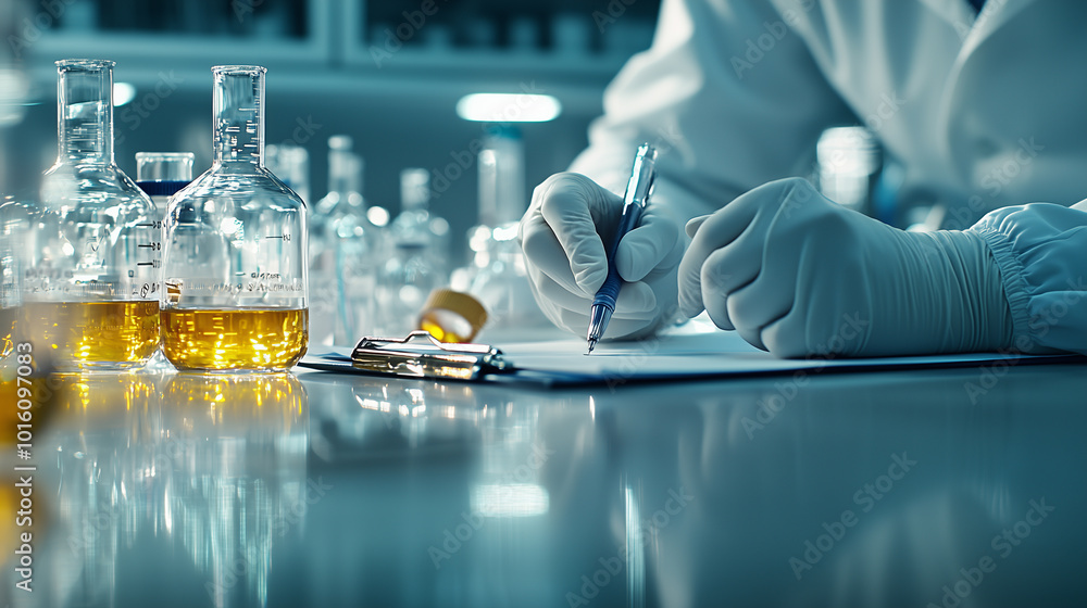 Poster scientist in laboratory is writing notes on clipboard while wearing gloves, surrounded by glass beak