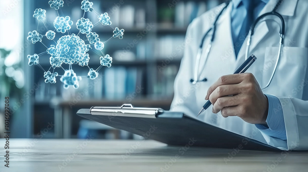 Aufkleber doctor is writing notes on clipboard while visualizing molecular structures, representing blend of healthcare and science. This captures essence of modern medicine and research