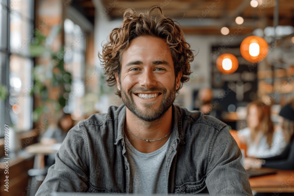 Poster smiling man using laptop at desk in office with coworkers in background