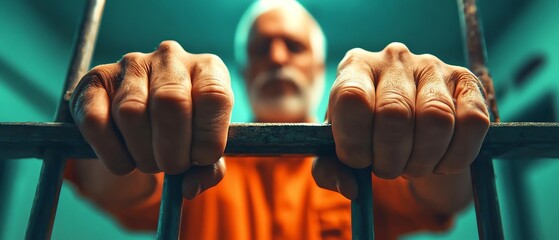 A man in an orange jumpsuit gripping prison bars, depicting themes of incarceration and justice.