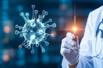 healthcare professional holds syringe while digital representation of virus is displayed nearby, symbolizing fight against infectious diseases. This conveys sense of urgency and hope in medical