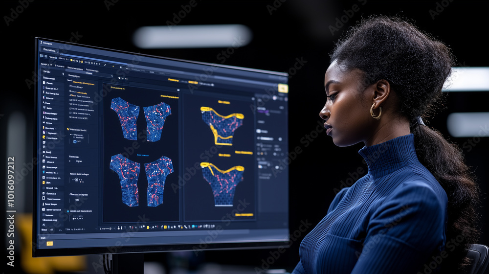 Poster fashion designer is focused on visualizing patterns using advanced technology on computer screen. vibrant designs showcase creativity and innovation in fashion