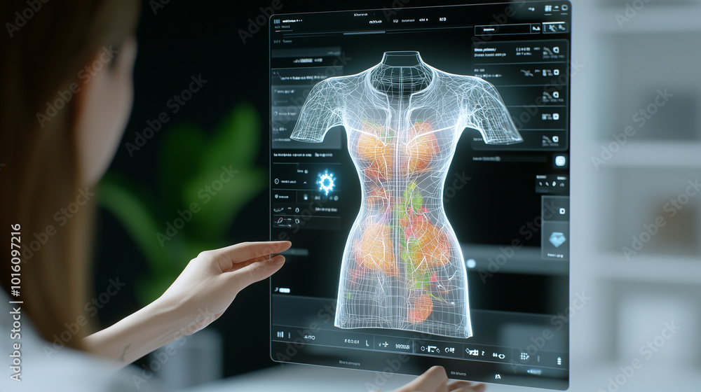 Poster fashion designer using advanced technology to visualize patterns and designs on digital interface. innovative approach showcases creativity and modern design techniques