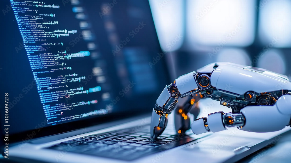Poster robotic hand interacts with laptop, showcasing advanced technology and coding. scene highlights integration of artificial intelligence in modern workspaces, evoking sense of innovation and progress
