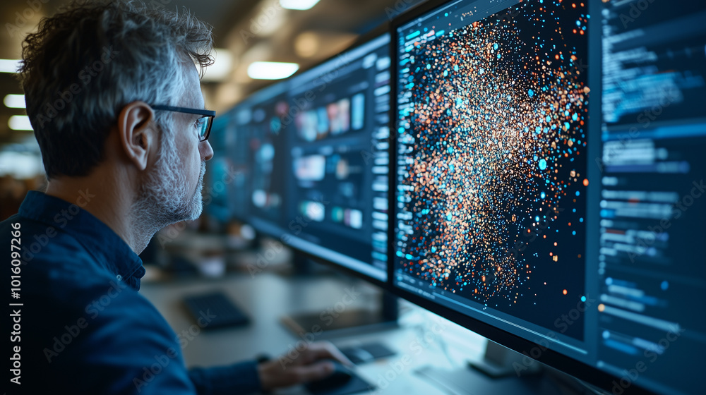 Aufkleber focused individual analyzes complex data visualizations on multiple screens in modern workspace, showcasing integration of technology and design