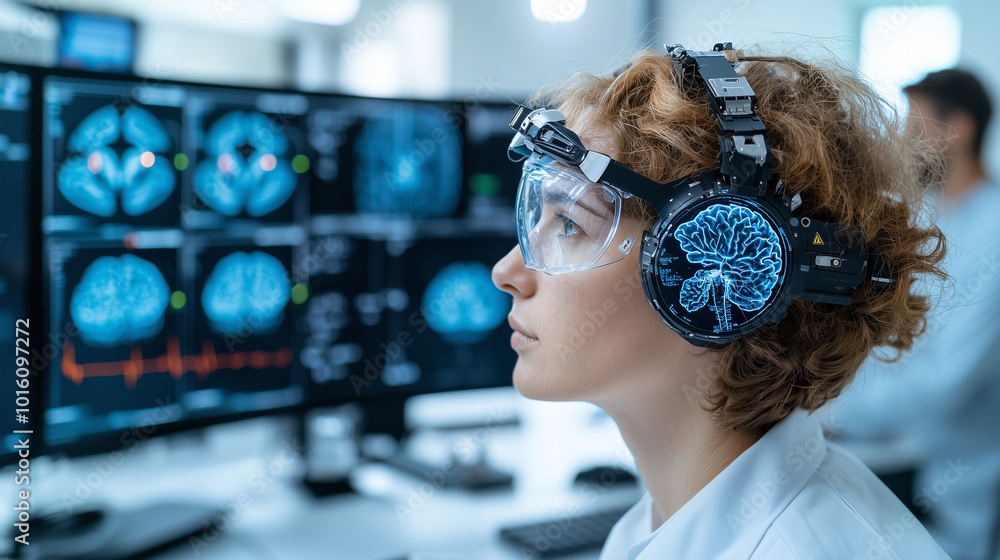 Poster innovative workspace featuring woman using advanced technology for brain analysis, showcasing ai int
