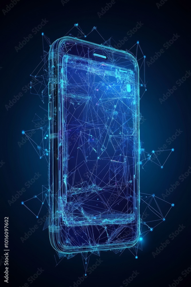 Poster abstract glowing smartphone with network connections on dark background, 3d rendering
