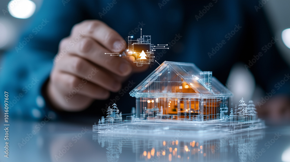 Poster Creating digital model of eco friendly house using advanced technology, showcasing innovation and creativity in architecture