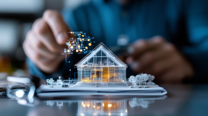 Innovative architects using AI technology to design eco friendly homes, showcasing digital model of house with intricate details and surrounding greenery