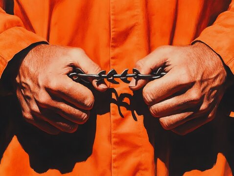 Hands in handcuffs wearing an orange jumpsuit, representing confinement and justice issues.