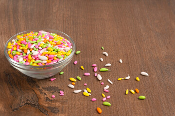 Sugar coated colorful candy wrapped around fennel seeds. Saunf Goli. Mouth Freshner Mix. Indian Mukwas or Mukhvas.