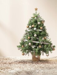 Green Christmas tree with silver and gold ball, ribbon on shag rug floor in sunlight on beige wall living room for Christmas decoration, New Year celebration, product display background concept
