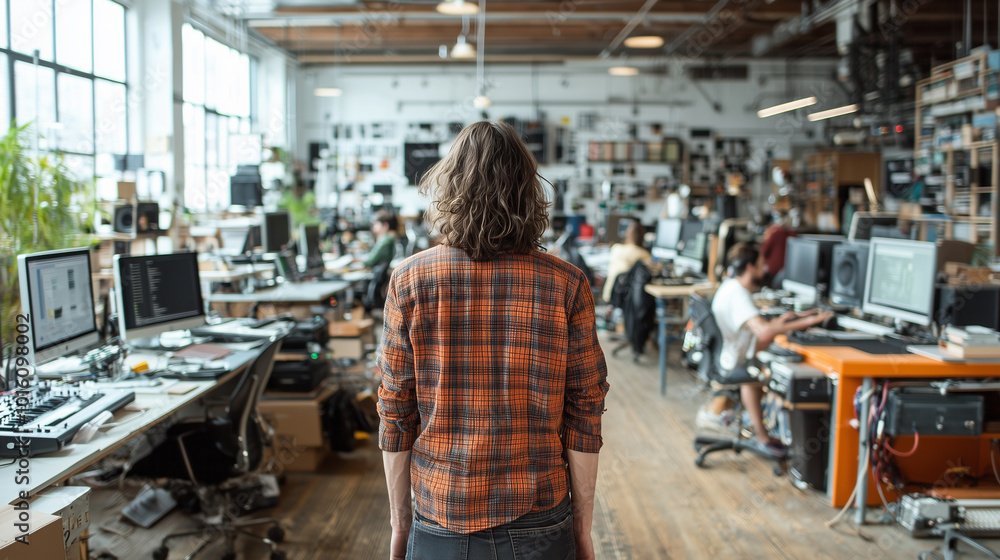 Poster creative workspace with person in plaid shirt, surrounded by computers and design equipment, showcas