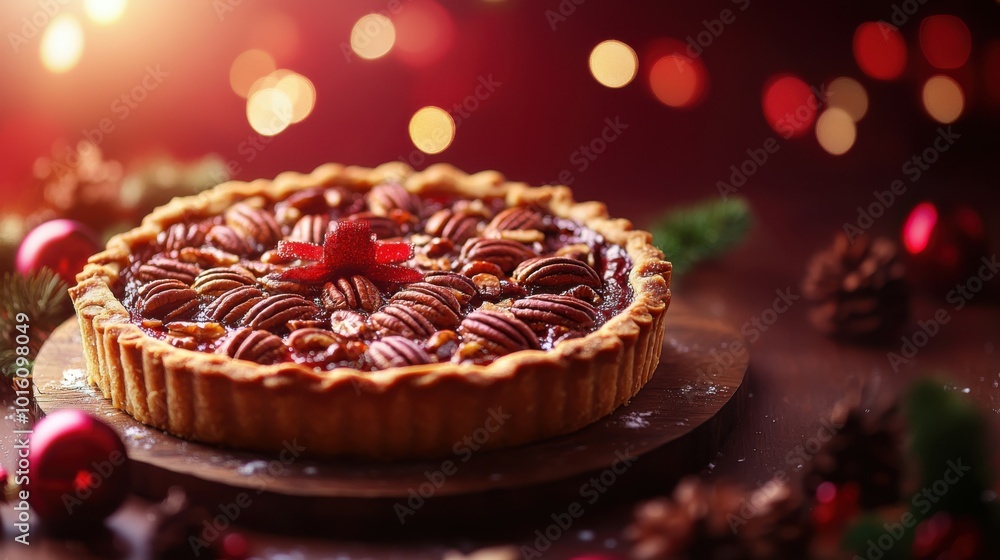 Poster pecan pie with holiday decorations, placed on a wooden table with a deep ruby background and soft ho