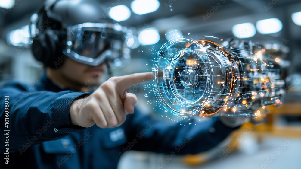 Poster Innovative engineer using augmented reality technology to create interactive designs. futuristic interface showcases advanced digital mockups, enhancing productivity and creativity