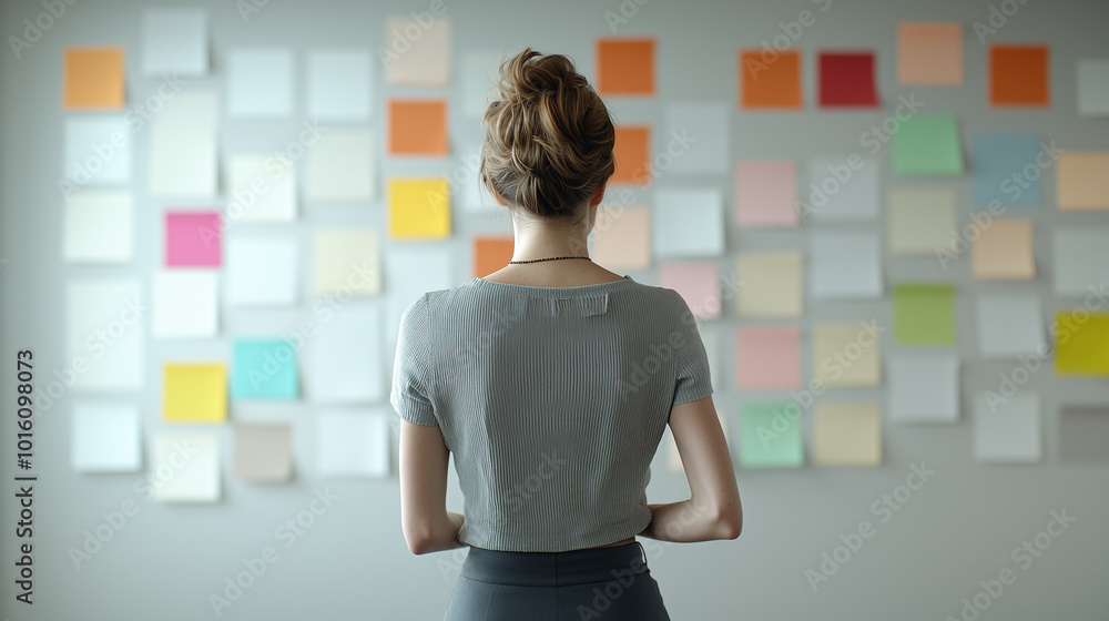 Poster Creative professional analyzing sticky notes on wall, showcasing brainstorming and organization. atmosphere is focused and inspiring, ideal for design and planning activities