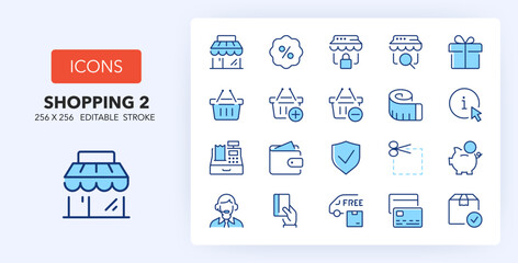 Line icons about shopping and e-commerce. Contains such icons as store, info, shopping basket and more. 256x256 Pixel Perfect editable in two colors. Set 2 of 3