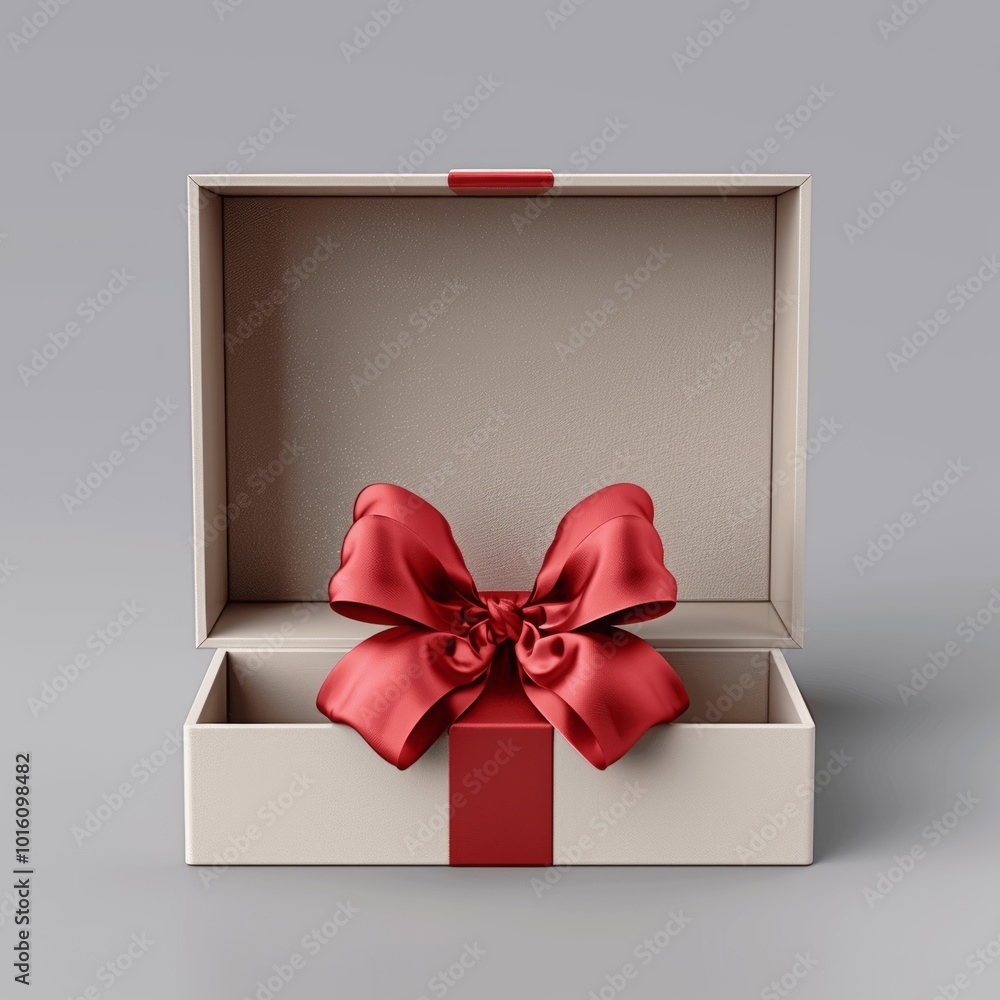 Poster 3d rendering of open gift box with red ribbon bow on gray background christmas present mock up adver