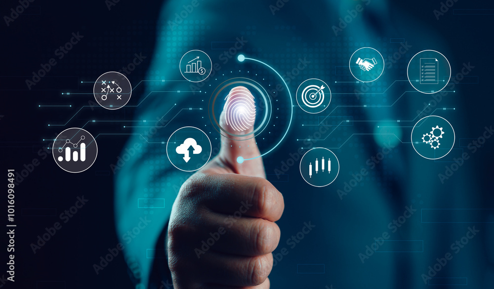 Aufkleber Businessman hand using authentication system with biometric identification fingerprint username and password, cybersecurity, information security, encryption, secure Internet access, technology