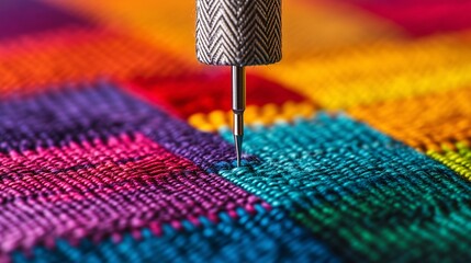 Close-up of a needle stitching vibrant yarn in colorful fabric, showcasing fine craftsmanship and detail